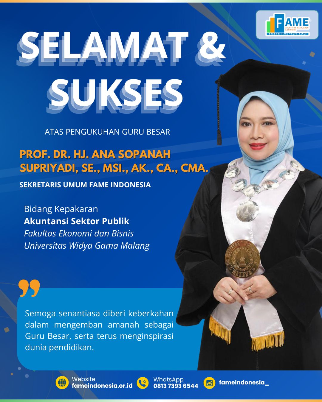 FAME Indonesia Ucapkan Selamat atas Pengukuhan Guru Besar Prof. Dr. Hj. Ana Sopanah Supriyadi dalam Bidang Akuntansi Sektor Publik